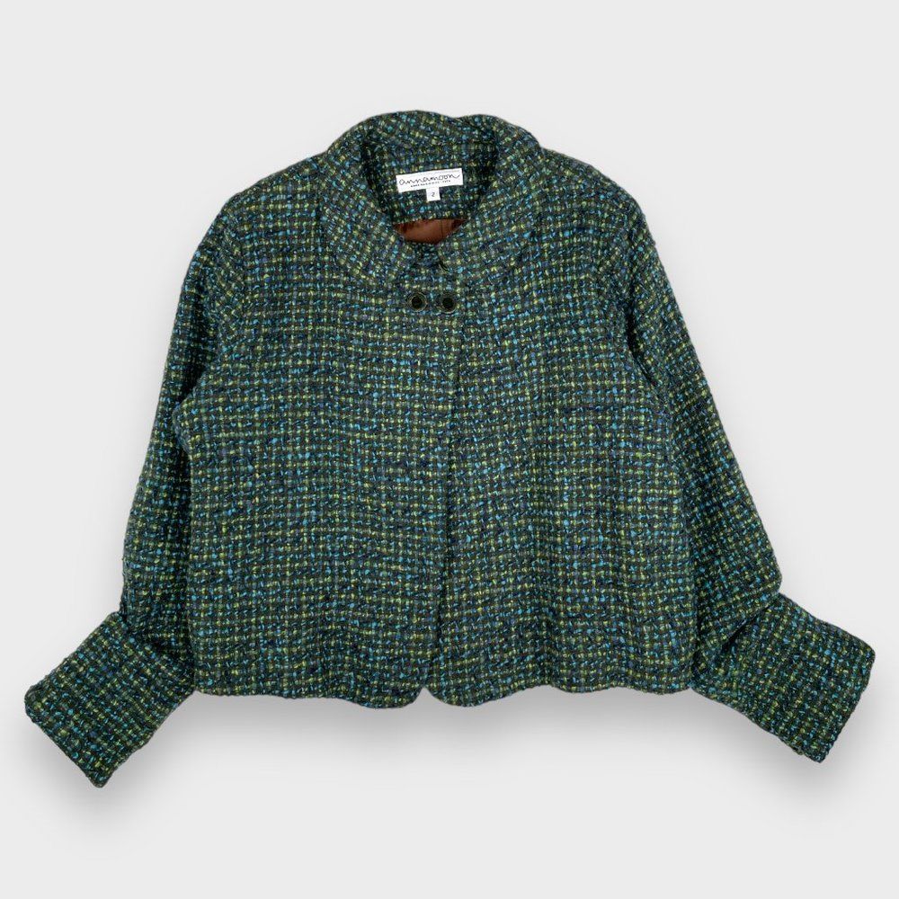 Anna Marie Rice Pita Vintage Wool Tweed Crop Blazer Jacket Blue/Green Women's 2